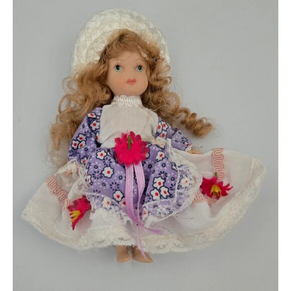 4.5 inch Miniature Doll with a Purple Dress and a White Hat - Picture 1 of 10